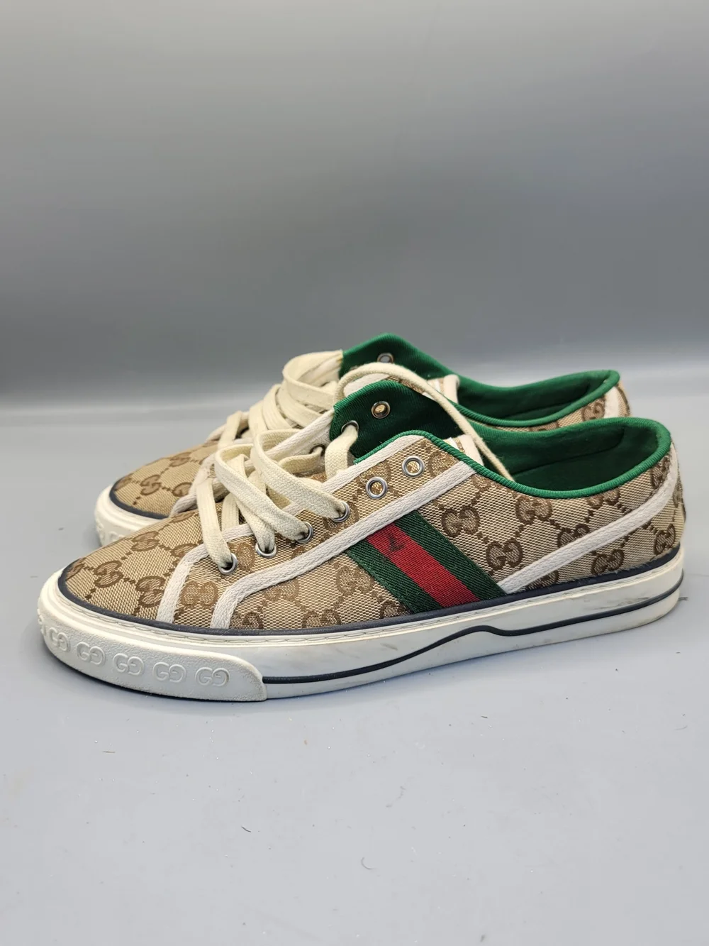 Gucci Tennis 1977 Web GG Monogram Mens Beige White Sneakers